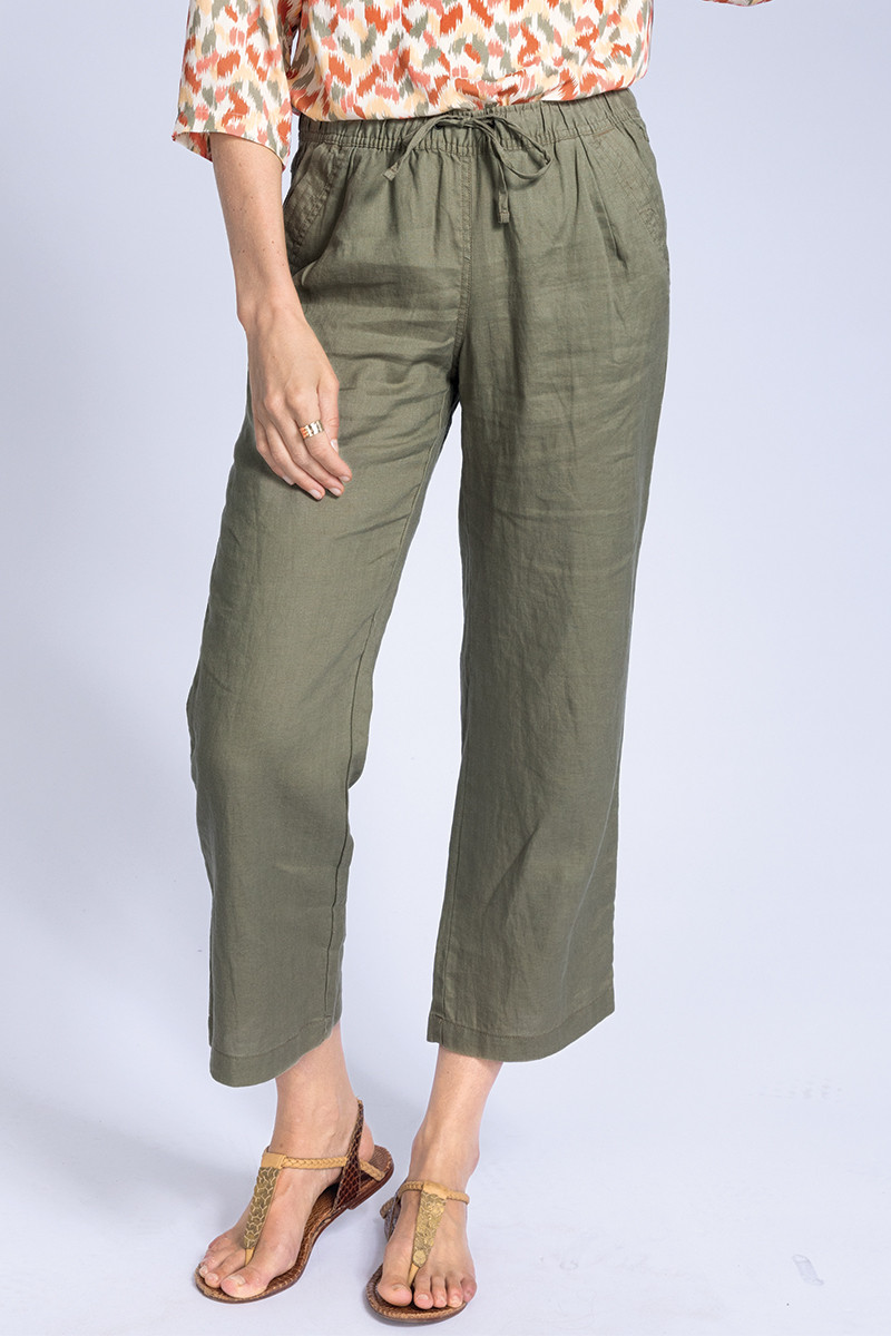 Pantalon d'été en lin pour femme - Longueur 7/8 - Pantalon de plage léger -  Doux et confortable - Pantalon de jogging solide avec cordons de serrage,  Vert : : Mode